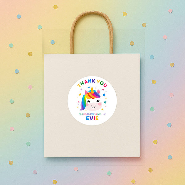Personalised Kids Birthday Stickers Unicorn Rainbow Thank You Name Party Favour