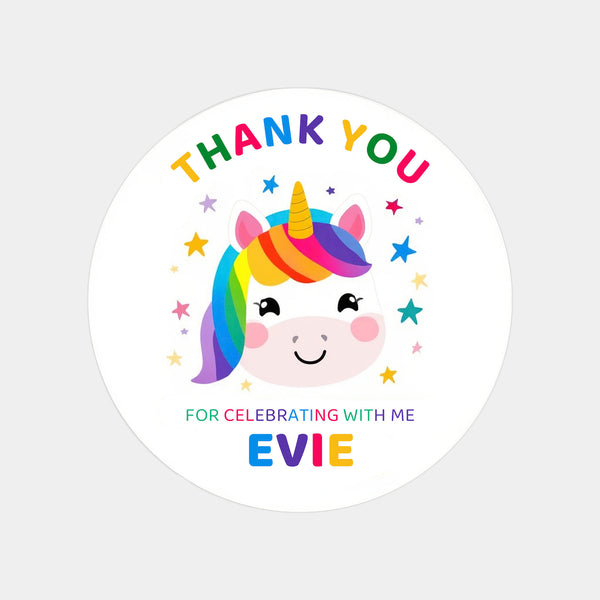 Personalised Kids Birthday Stickers Unicorn Rainbow Thank You Name Party Favour