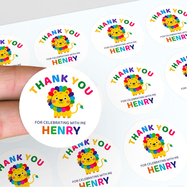 Personalised Kids Birthday Stickers Lion Rainbow Thank You Name Party Favour
