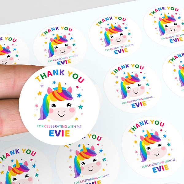 Personalised Kids Birthday Stickers Unicorn Rainbow Thank You Name Party Favour