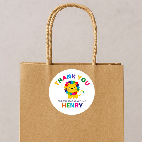 Personalised Kids Birthday Stickers Lion Rainbow Thank You Name Party Favour