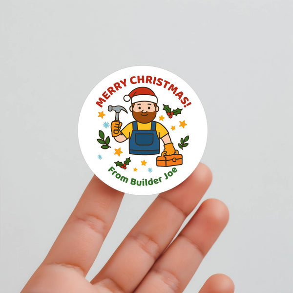 Personalised Builder Tradie Christmas Stickers – Merry Christmas Design