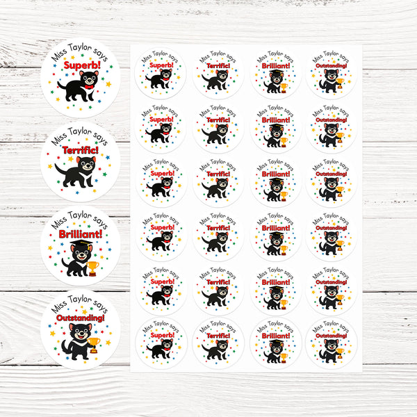 Personalised Teacher Reward Stickers Custom Name Label Tasmanian Devil