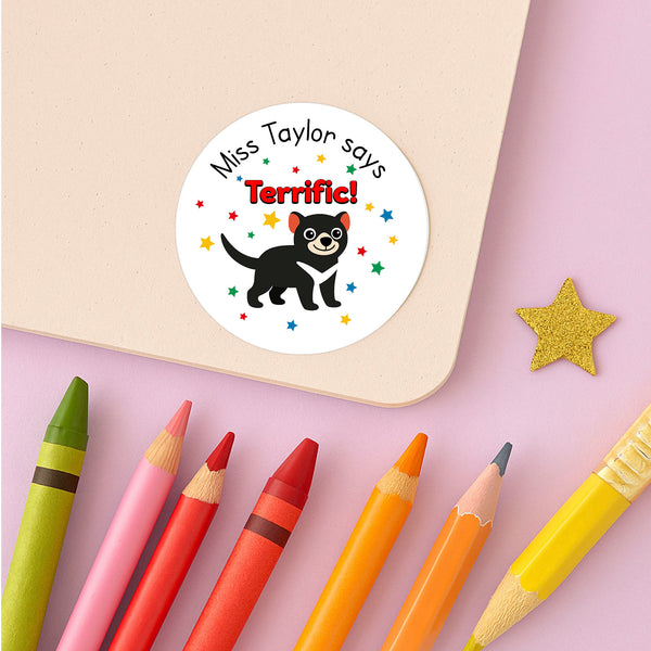 Personalised Teacher Reward Stickers Custom Name Label Tasmanian Devil