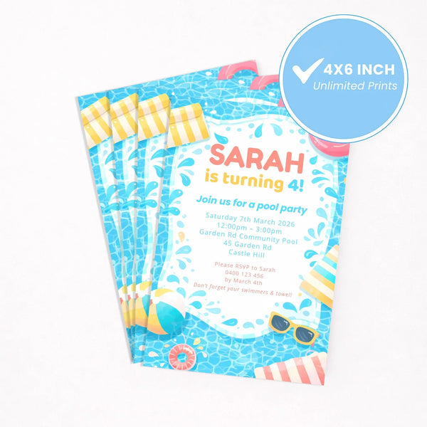 Editable Pool Party Birthday Invitation – Canva Template (4×6 inch) - Sticksy Prints Australia