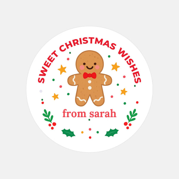 Personalised Kids Sticker Labels Sweet Christmas Wishes Gingerbread Man