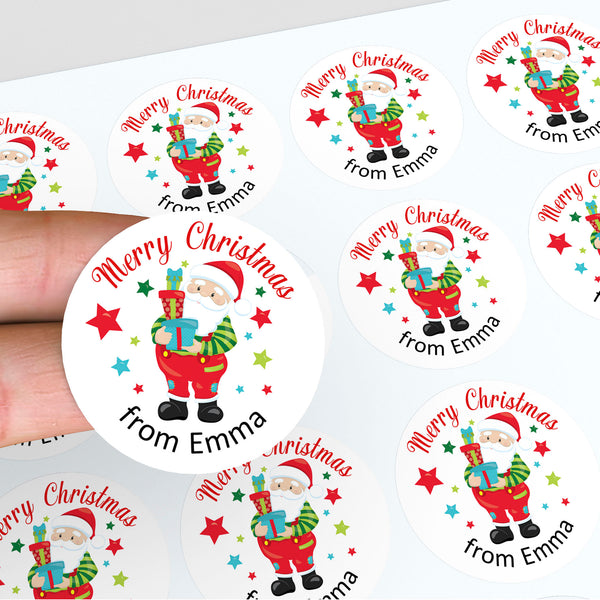 Personalised Kids Christmas Sticker Labels Santa Holding Gifts
