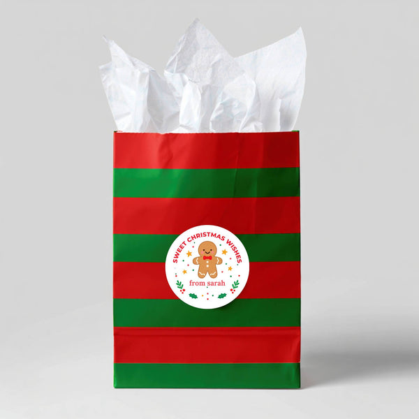 Personalised Kids Sticker Labels Sweet Christmas Wishes Gingerbread Man