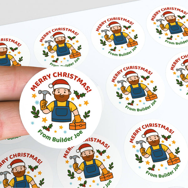 Personalised Builder Tradie Christmas Stickers – Merry Christmas Design