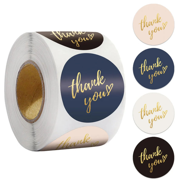 500x “Thank You” Stickers 1 Inch (2.5cm) Blue & Gold Round Sealing Labels on Roll - Sticksy Prints Australia