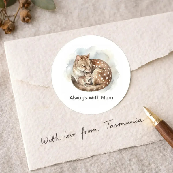 Always With Mum Quoll Sticker – Tasmanian Wildlife Mother & Baby Round Sticker - Sticksy Prints Australia