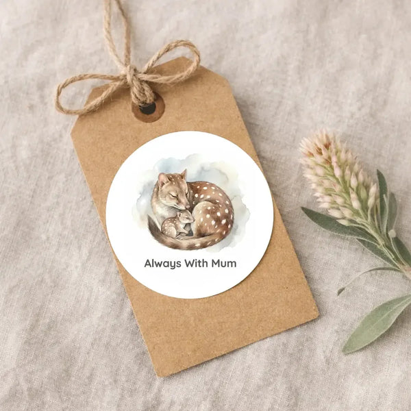 Always With Mum Quoll Sticker – Tasmanian Wildlife Mother & Baby Round Sticker - Sticksy Prints Australia