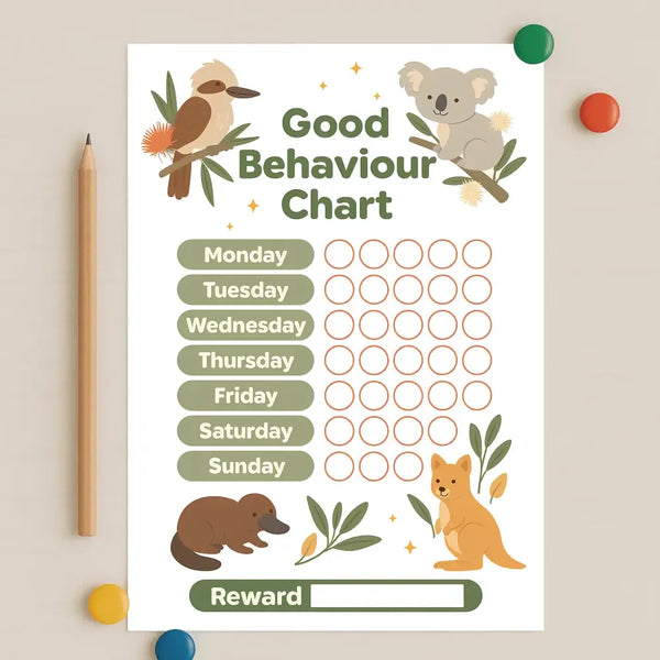 Australian Animal Good Behaviour Chart for Kids β Printable (A4) - Sticksy Prints Australia