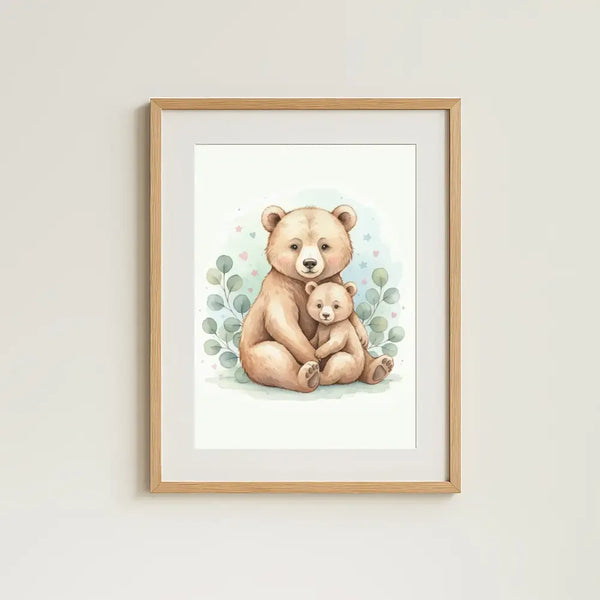 Baby Bear & Cub Nursery Print – Woodland Animal Wall Art, Neutral Baby Room Decor, Printable Nursery Poster, Calm Watercolour Artwork - Sticksy Prints Australia