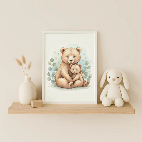 Baby Bear & Cub Nursery Print – Woodland Animal Wall Art Neutral Baby Room Decor Printable Nursery Poster Calm