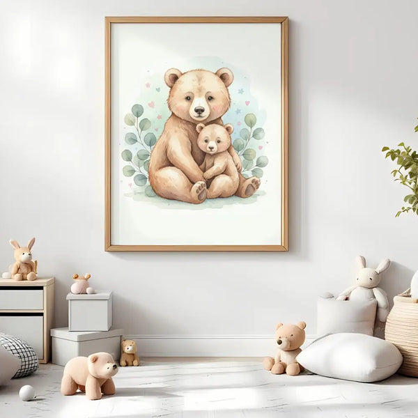 Baby Bear & Cub Nursery Print – Woodland Animal Wall Art Neutral Baby Room Decor Printable Nursery Poster Calm