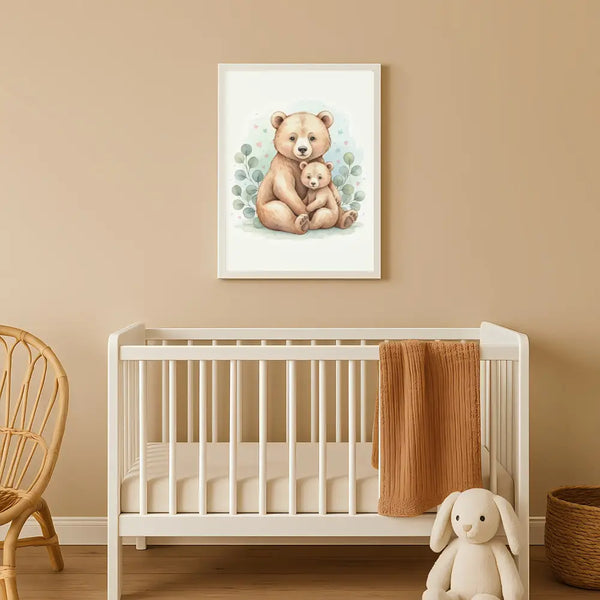 Baby Bear & Cub Nursery Print – Woodland Animal Wall Art Neutral Baby Room Decor Printable Nursery Poster Calm
