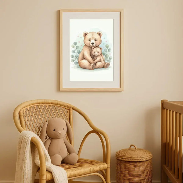 Baby Bear & Cub Nursery Print – Woodland Animal Wall Art, Neutral Baby Room Decor, Printable Nursery Poster, Calm Watercolour Artwork - Sticksy Prints Australia