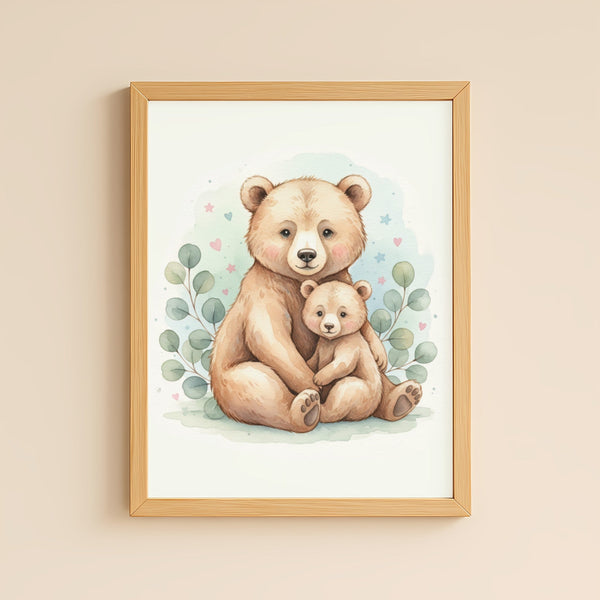 Baby Bear & Cub Nursery Print – Woodland Animal Wall Art Neutral Baby Room Decor Printable Nursery Poster Calm