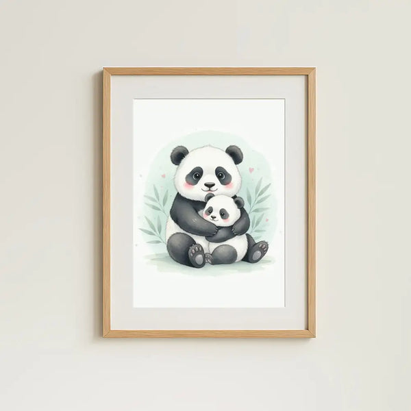 Baby Panda & Cub Nursery Print – Woodland Animal Wall Art Neutral Baby Room Decor Watercolour Panda Artwork Printable