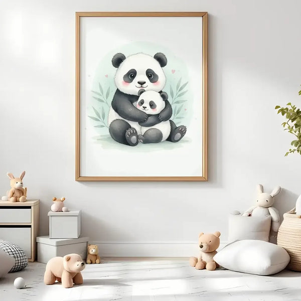 Baby Panda & Cub Nursery Print – Woodland Animal Wall Art, Neutral Baby Room Decor, Watercolour Panda Artwork, Printable Nursery Poster - Sticksy Prints Australia