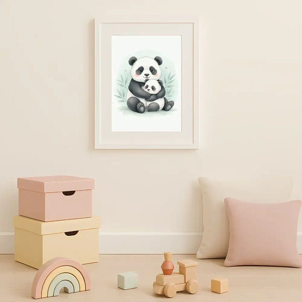 Baby Panda & Cub Nursery Print – Woodland Animal Wall Art, Neutral Baby Room Decor, Watercolour Panda Artwork, Printable Nursery Poster - Sticksy Prints Australia