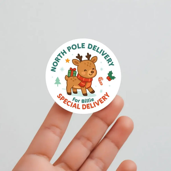 Baby Reindeer Personalised Christmas Stickers – North Pole Delivery - Sticksy Prints Australia