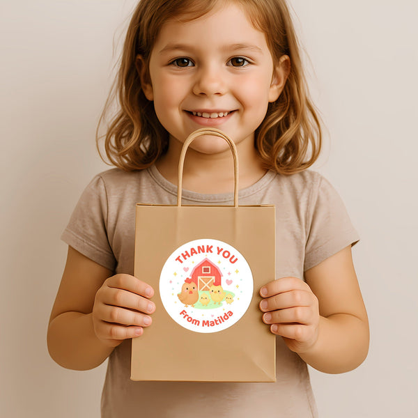 Barnyard Farm Animal Thank You Stickers – Barn & Chicks Highland Cow Pig & Goat | Personalised Party Favour Labels