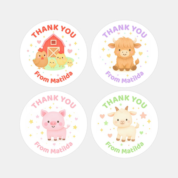 Barnyard Farm Animal Thank You Stickers – Barn & Chicks Highland Cow Pig & Goat | Personalised Party Favour Labels