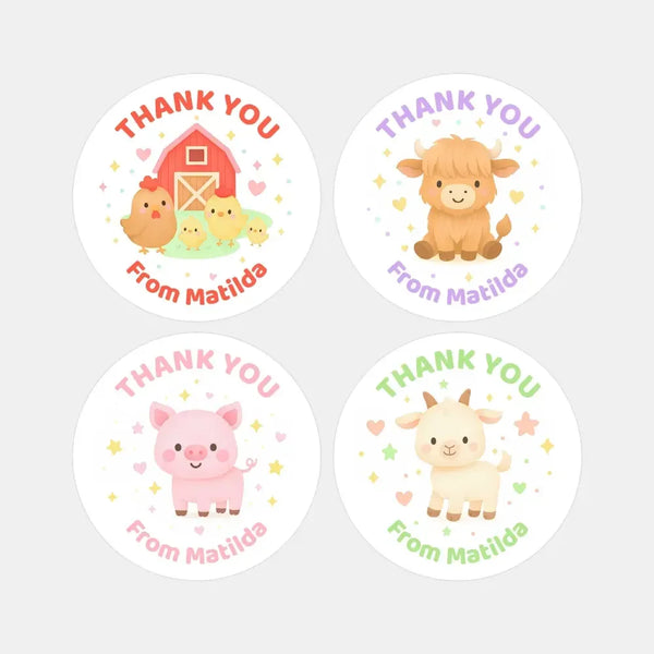 Barnyard Farm Animal Thank You Stickers – Barn & Chicks, Highland Cow, Pig & Goat | Personalised Party Favour Labels - Sticksy Prints Australia