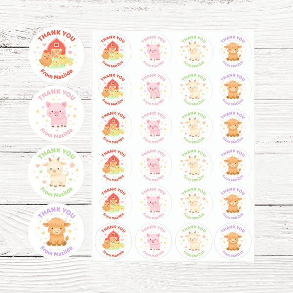 Barnyard Farm Animal Thank You Stickers – Barn & Chicks Highland Cow Pig & Goat | Personalised Party Favour Labels