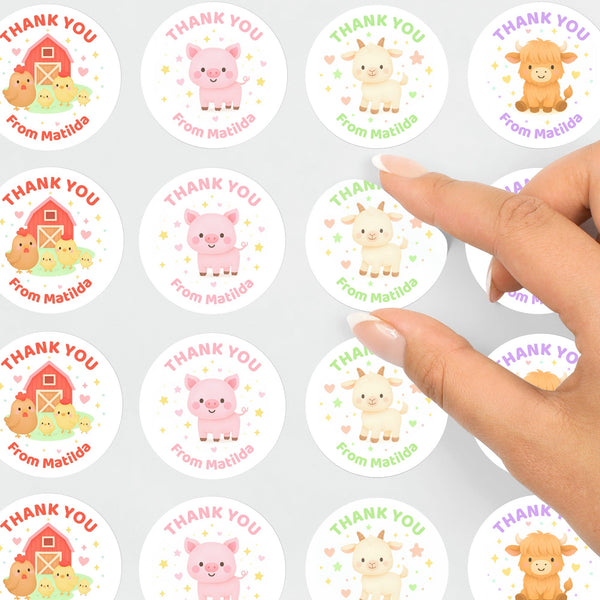 Barnyard Farm Animal Thank You Stickers – Barn & Chicks Highland Cow Pig & Goat | Personalised Party Favour Labels