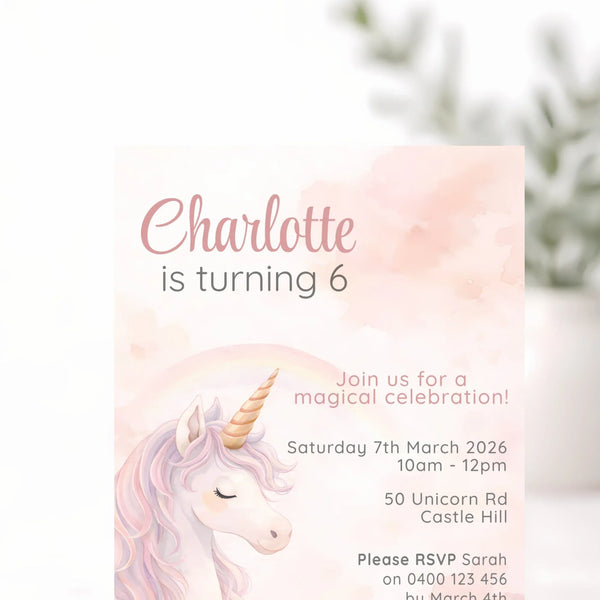 Blush Unicorn Birthday Invitations | Personalised Pastel Party Invites - Sticksy Prints Australia