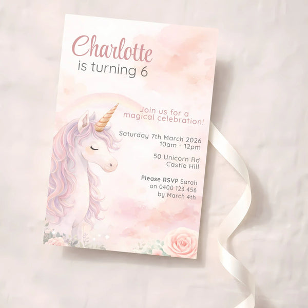 Blush Unicorn Birthday Invitations | Personalised Pastel Party Invites - Sticksy Prints Australia