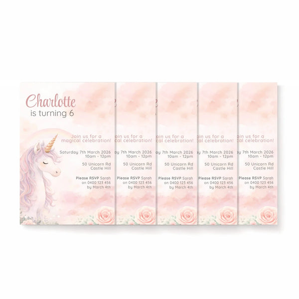 Blush Unicorn Birthday Invitations | Personalised Pastel Party Invites - Sticksy Prints Australia