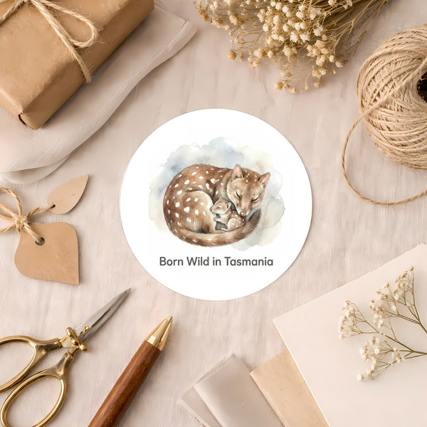 Born Wild in Tasmania Quoll Sticker – Tasmanian Wildlife Mother & Baby Round Sticker
