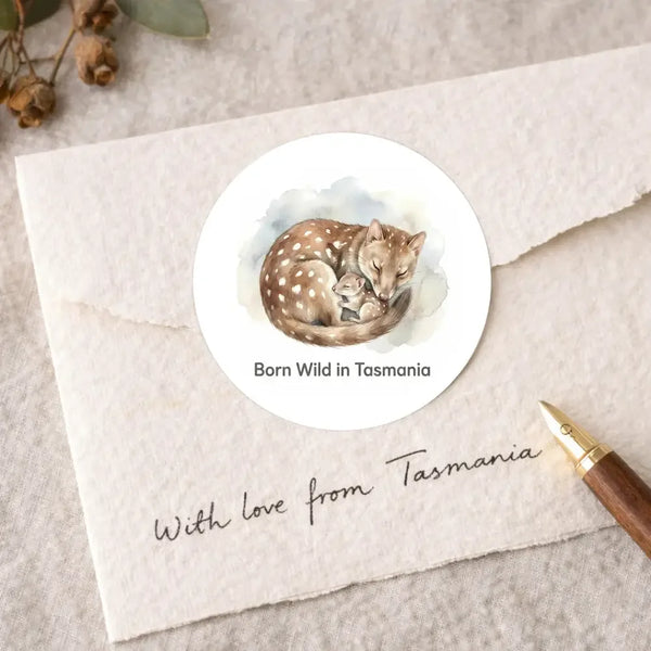 Born Wild in Tasmania Quoll Sticker – Tasmanian Wildlife Mother & Baby Round Sticker - Sticksy Prints Australia