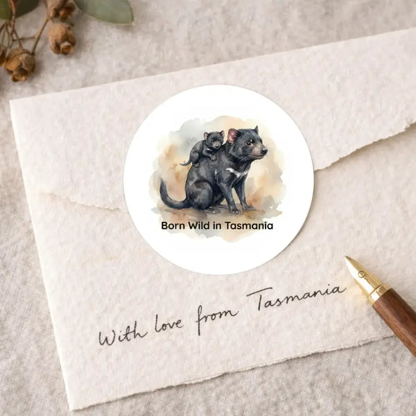 Born Wild in Tasmania Sticker | Tasmanian Devil Mother & Joey Wildlife Sticker - Sticksy Prints Australia