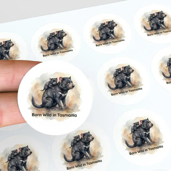 Born Wild in Tasmania Sticker | Tasmanian Devil Mother & Joey Wildlife Sticker - Sticksy Prints Australia