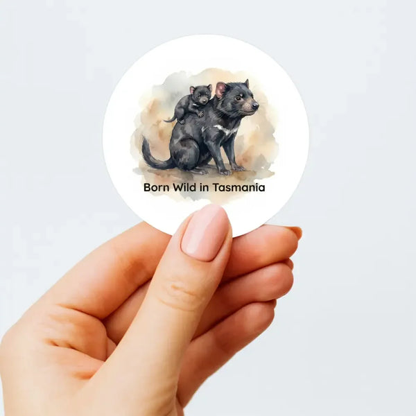 Born Wild in Tasmania Sticker | Tasmanian Devil Mother & Joey Wildlife Sticker - Sticksy Prints Australia