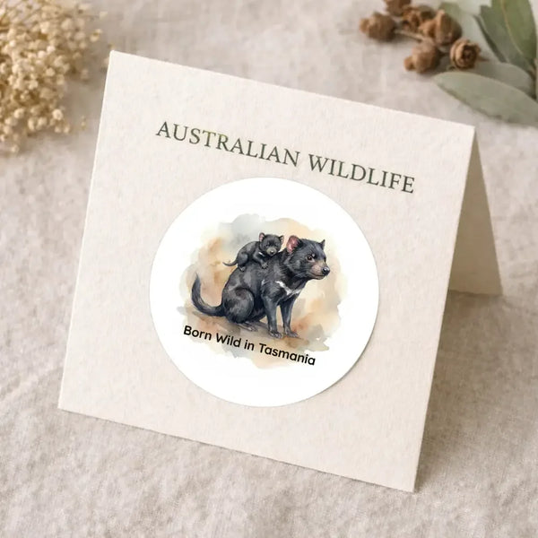 Born Wild in Tasmania Sticker | Tasmanian Devil Mother & Joey Wildlife Sticker - Sticksy Prints Australia