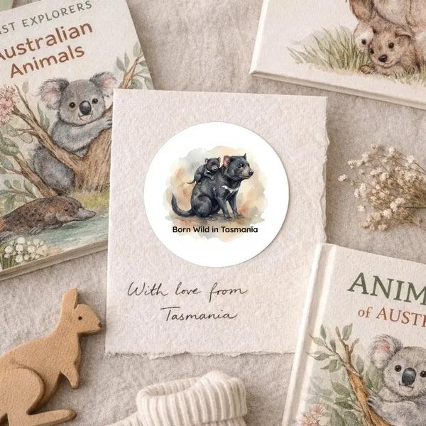 Born Wild in Tasmania Sticker | Tasmanian Devil Mother & Joey Wildlife Sticker - Sticksy Prints Australia