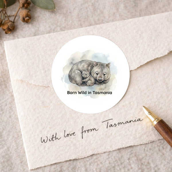 Born Wild in Tasmania Wombat Sticker – Tasmanian Mother & Joey Wildlife Sticker