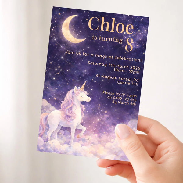 Celestial Unicorn Birthday Invitations | Personalised Magical Party Invites - Sticksy Prints Australia