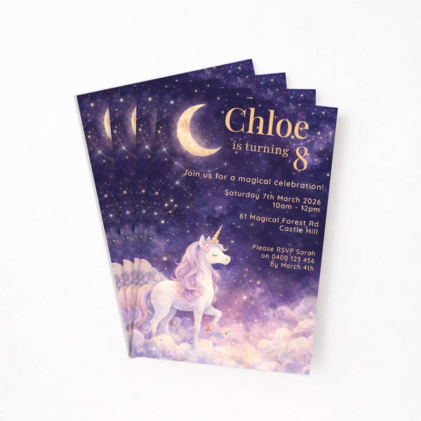 Celestial Unicorn Birthday Invitations | Personalised Magical Party Invites - Sticksy Prints Australia