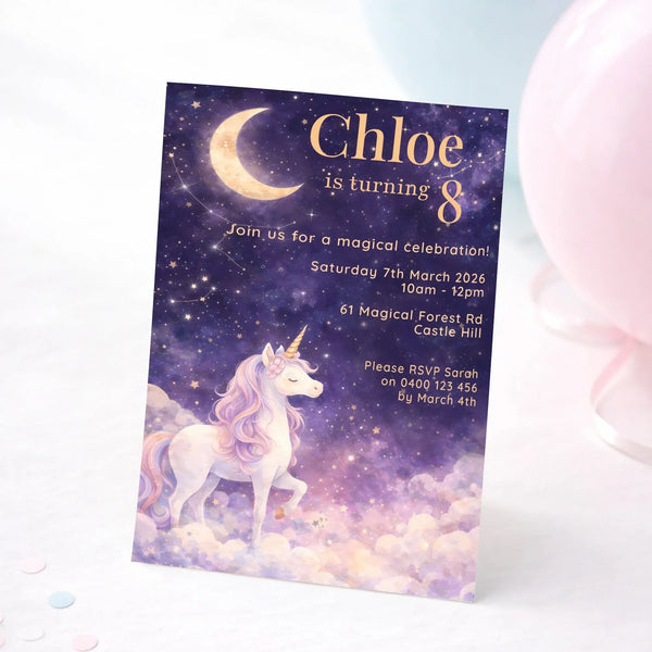 Celestial Unicorn Birthday Invitations | Personalised Magical Party Invites - Sticksy Prints Australia