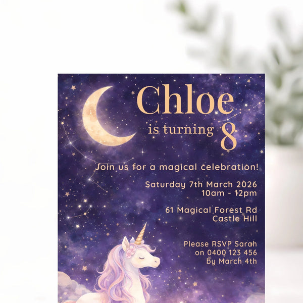 Celestial Unicorn Birthday Invitations | Personalised Magical Party Invites - Sticksy Prints Australia