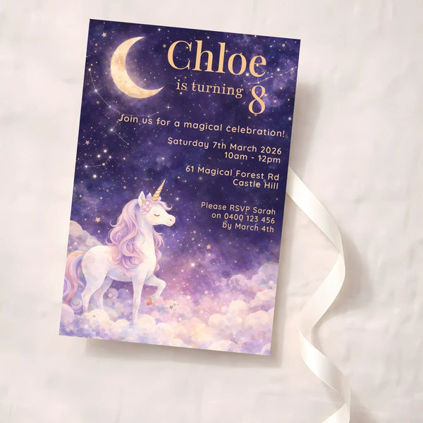 Celestial Unicorn Birthday Invitations | Personalised Magical Party Invites - Sticksy Prints Australia