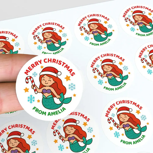 Christmas Mermaid Stickers β Custom Name Labels - Sticksy Prints Australia