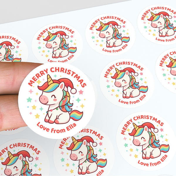 Christmas Unicorn Personalised Gift Stickers for Kids